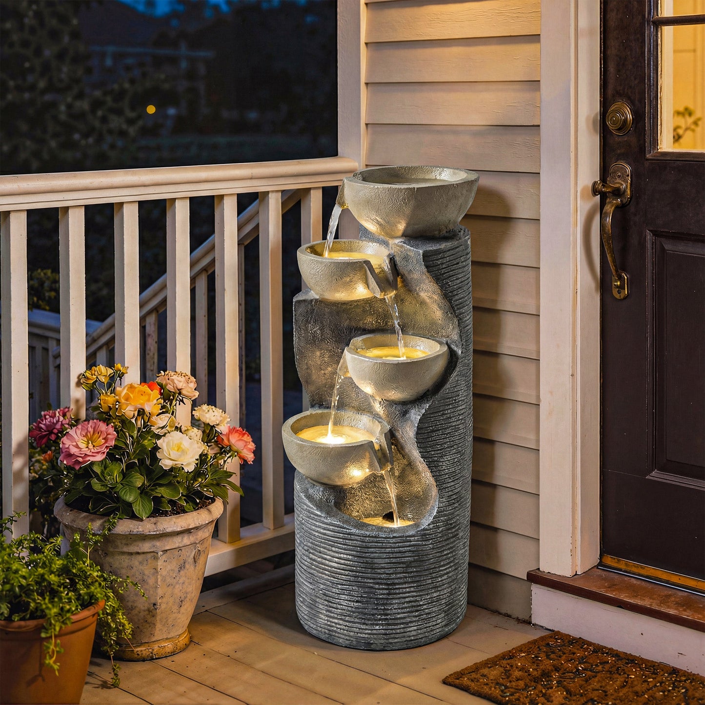 Outsunny Garden Water Feature, Outdoor Water Fountain with LED Lights and Pump, 5 Tier Cascading Waterfall Fountain for Indoor