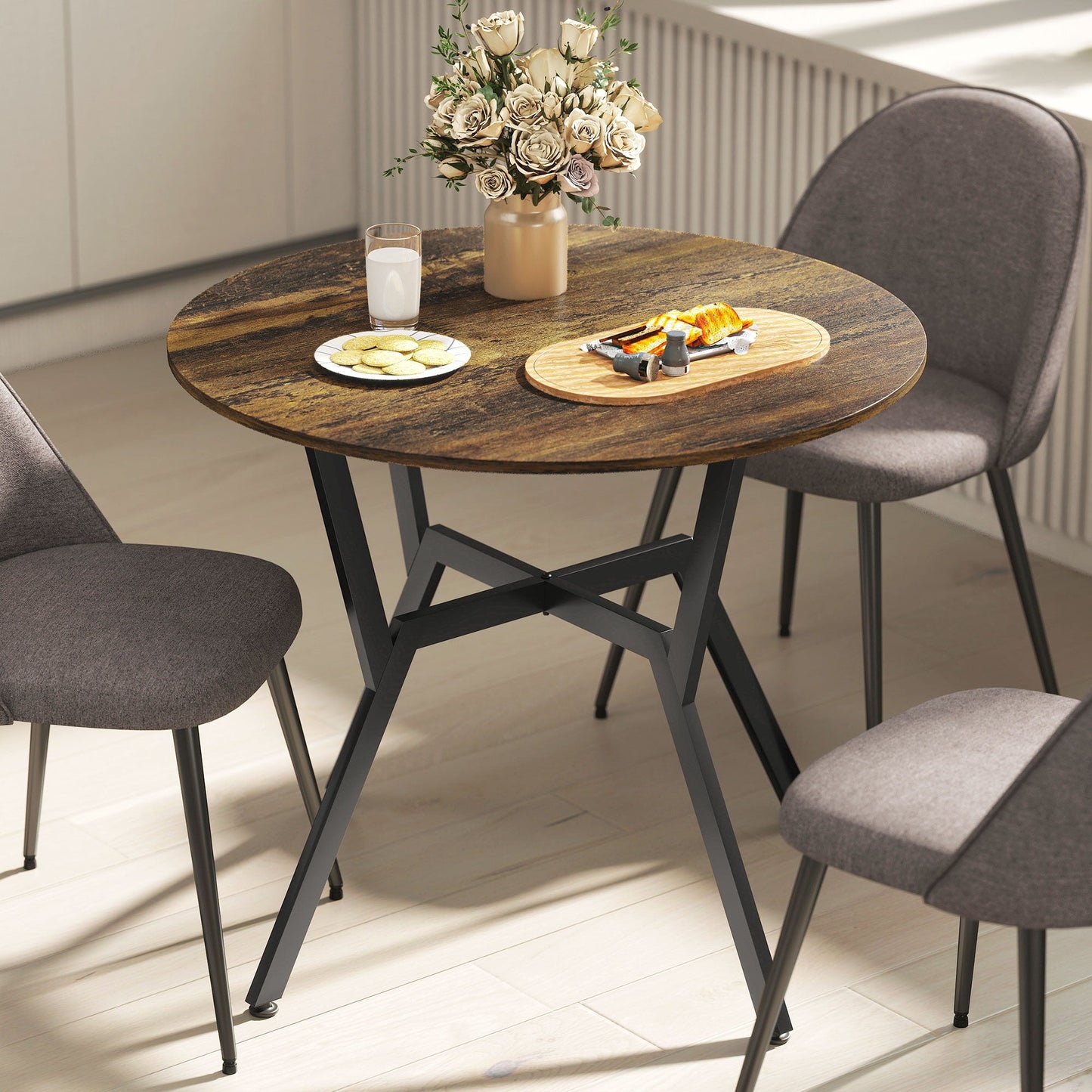 HOMCOM Dining Table, Round Kitchen Table with Black Legs, Anti-slip Foot Pads for Living Room, Dining Room 90 x 76 cm, Rustic Brown