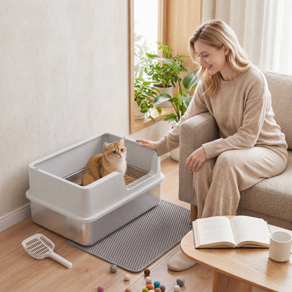 PawHut XL Stainless Steel Cat Litter Tray with Lid, High Sided Cat Litter Box with Scoop and Mat, Light Grey