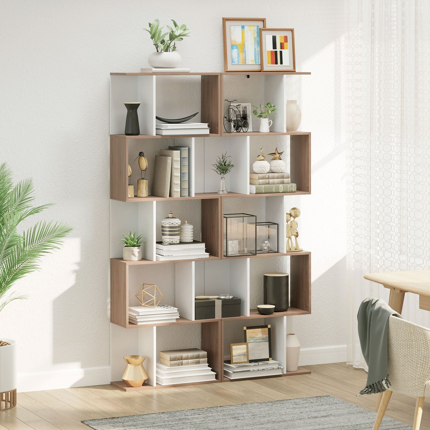 HOMCOM 5-tier Bookcase Storage Display Shelving S Shape design Unit Divider Natural