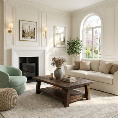 Large ARBA Rustic Wooden Coffee Table With Shelf In Walnut