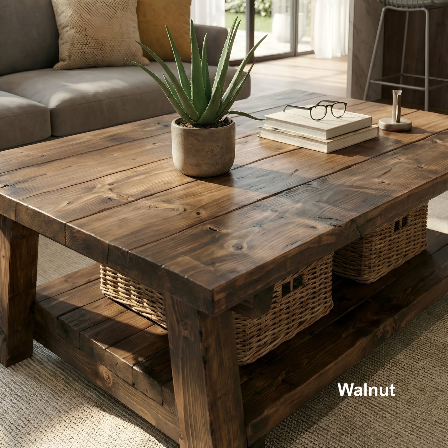 Large ARBA Rustic Wooden Coffee Table With Shelf In Walnut