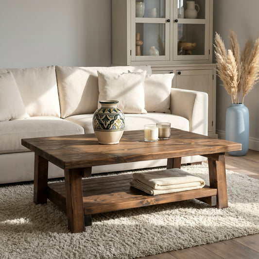 Large ARBA Rustic Wooden Coffee Table With Shelf In Walnut