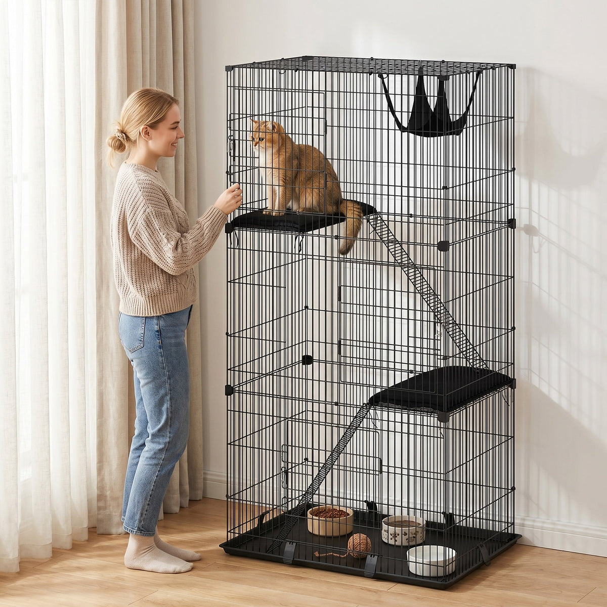 PawHut 3-Tier Large Cat Cage Indoor, Detachable Metal Wire Kennel with Hammock, Platforms, Tray and Cushions for 1-2 Kittens