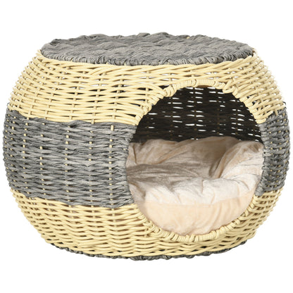 PawHut Wicker Cat House, Rattan Raised Cat Bed, Cosy Kitten Cave with Soft Washable Cushion, \'ce\'a640 x 30cm