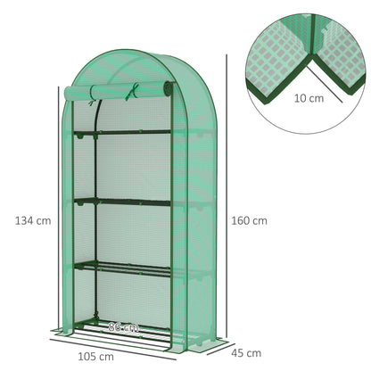 Outsunny 4 Tier Mini Greenhouse with Reinforced PE Cover, Portable Small Greenhouse with Roll-Up Door, 105 x 45 x 160cm, Green