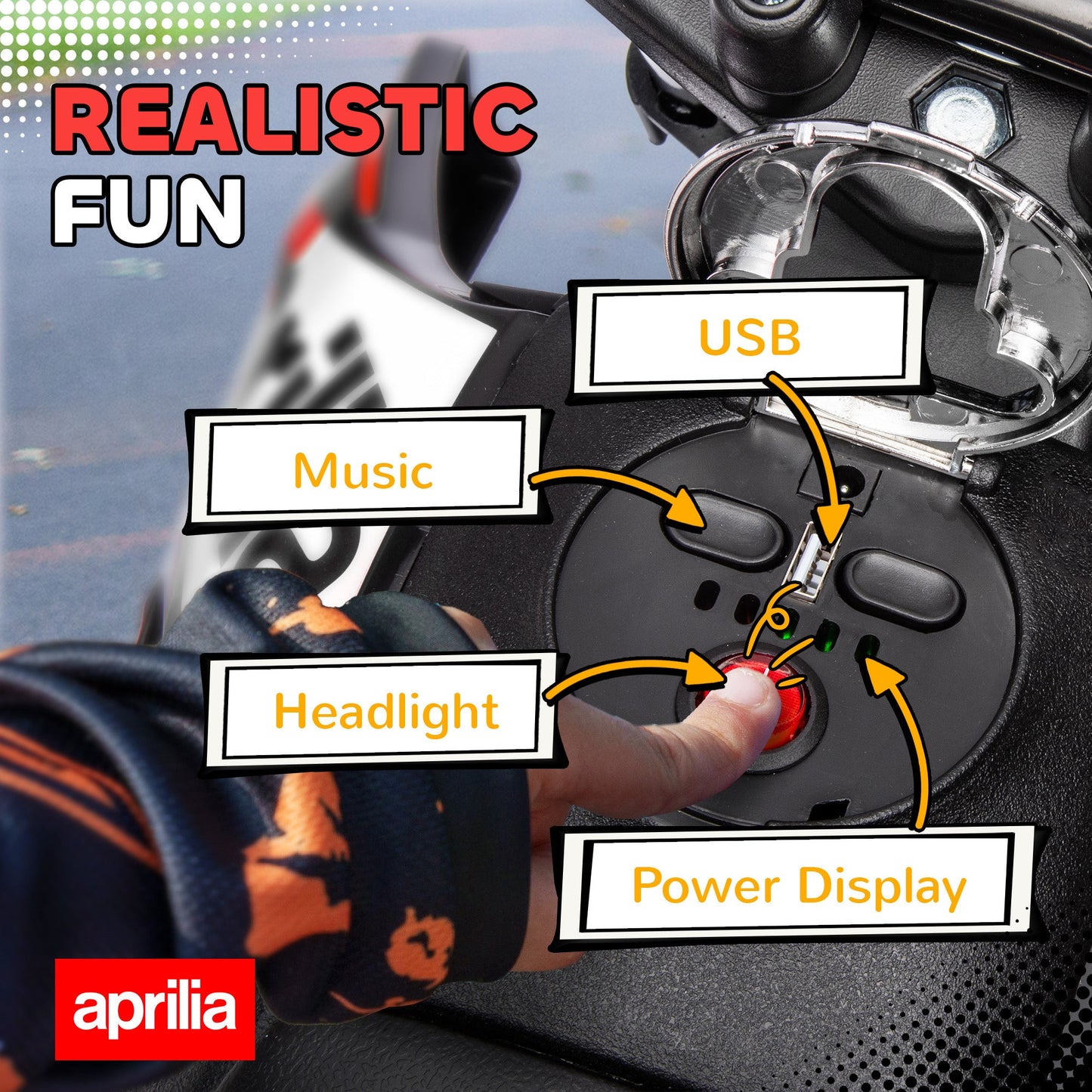 AIYAPLAY 12V Aprilia Licenced Kids Motorbike with Training Wheels, Spring Suspension, LED Light, USB, Music, Red