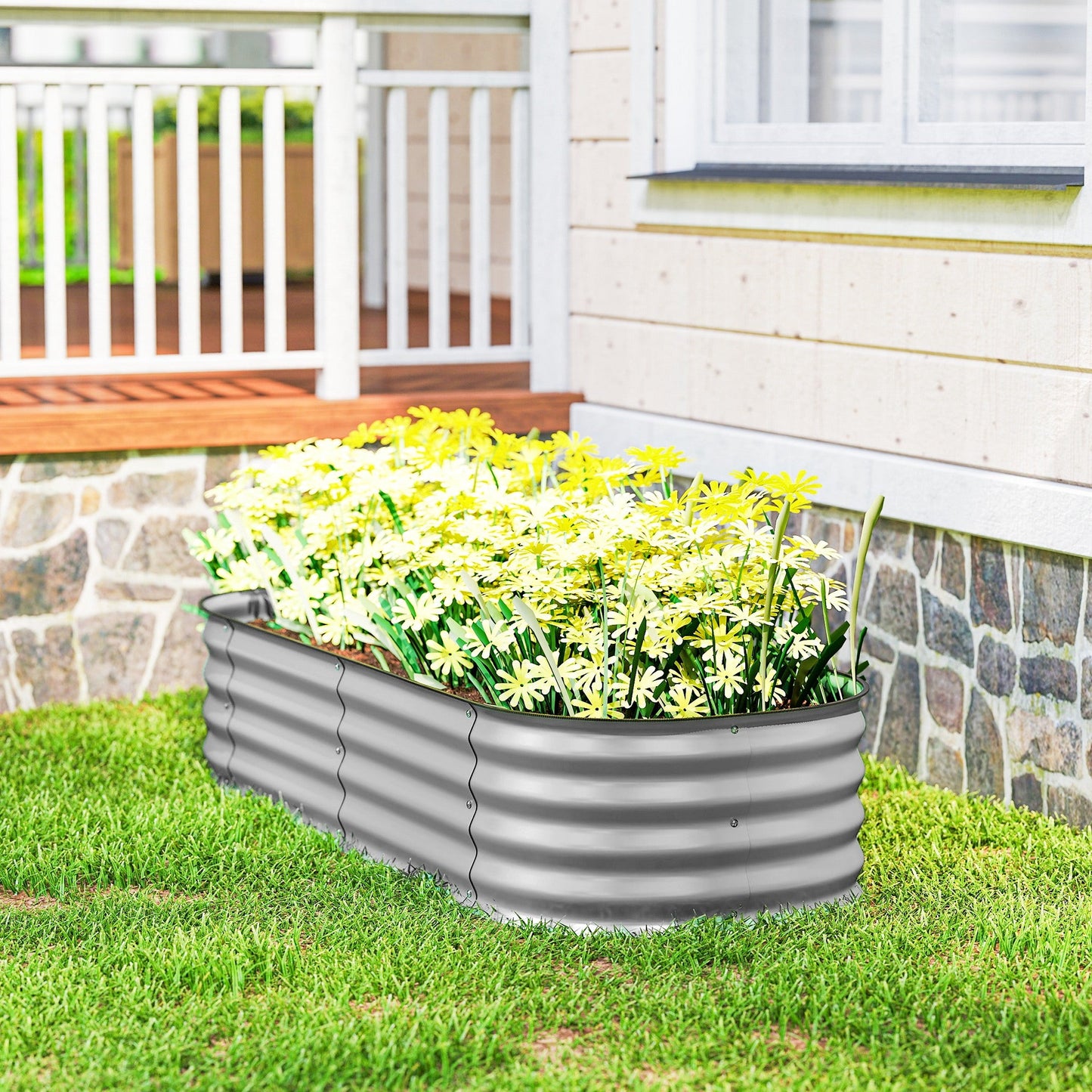 Outsunny Galvanised Raised Garden Bed, Metal Planter Box with Safety Edging, for Flowers, Herbs, Succulents, Silver