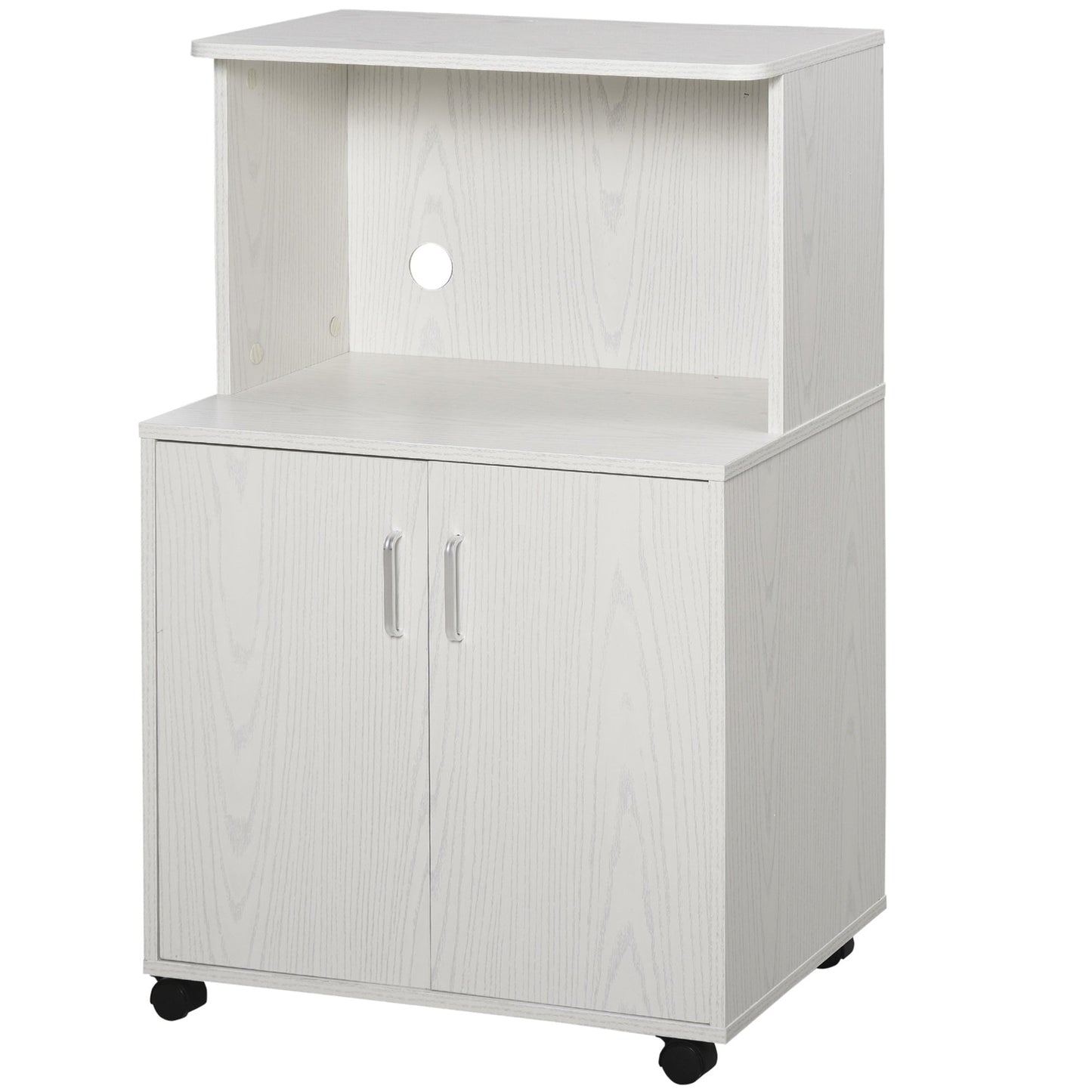 HOMCOM Kitchen Storage Unit, Modern Microwave Stand Trolley Cart, Sideboard with Cabinet,  Locking Wheels, Shelf for Living Room, Dining Room, White