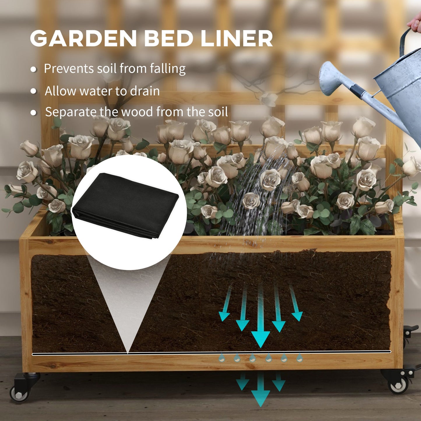 Outsunny Wooden Trellis Planter, Raised Garden Bed with Wheels and Bed Liner, to Climb and Grow Vegetables, Herbs and Flowers