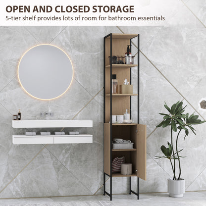 HOMCOM Tall Bathroom Cabinet with Open Shelves and Adjustable Shelf - Natural Wood Finish