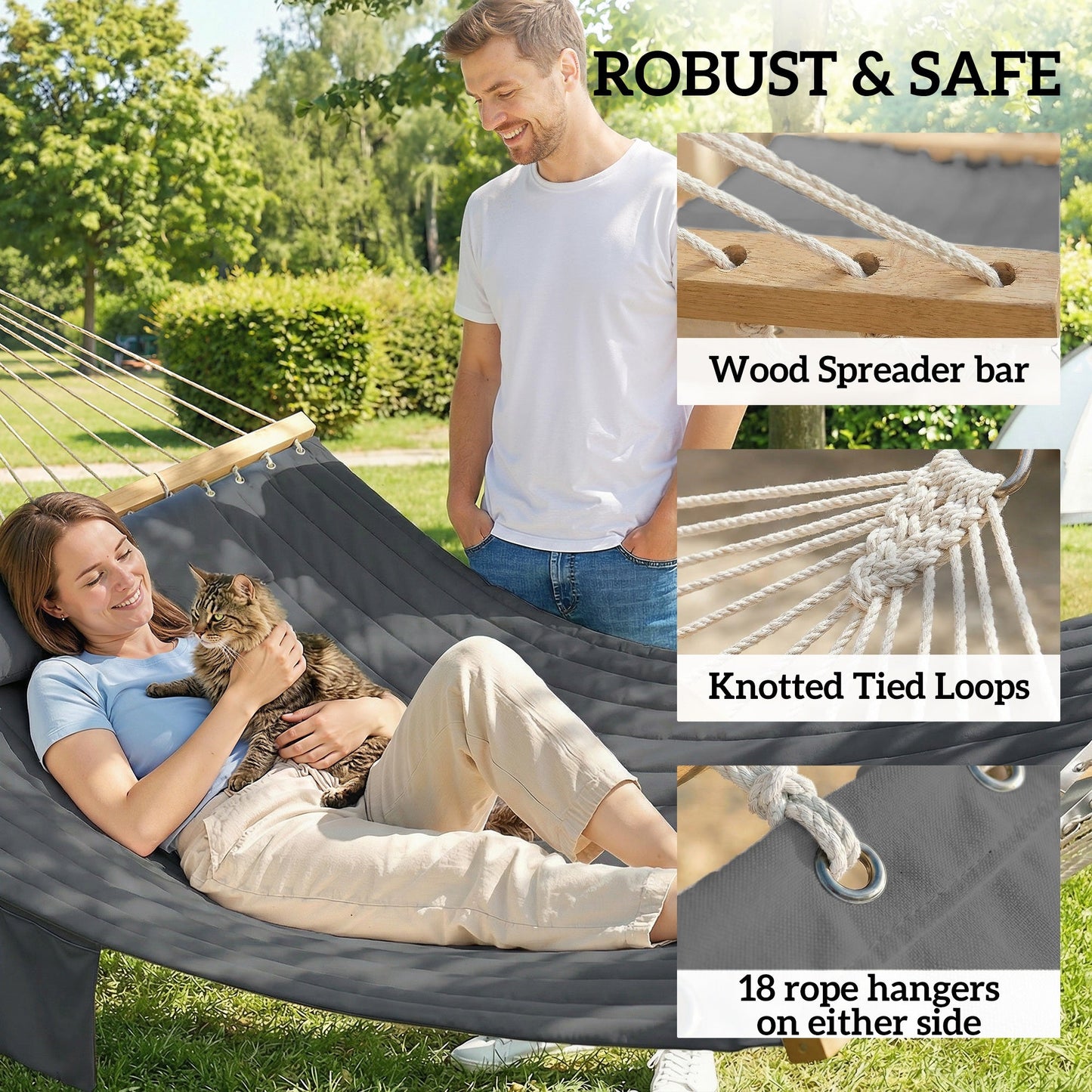 Outsunny Double Hammock 2 Person Swing Bed with Spreader Bars, Pillows, Pad, 200 x 140cm, Grey