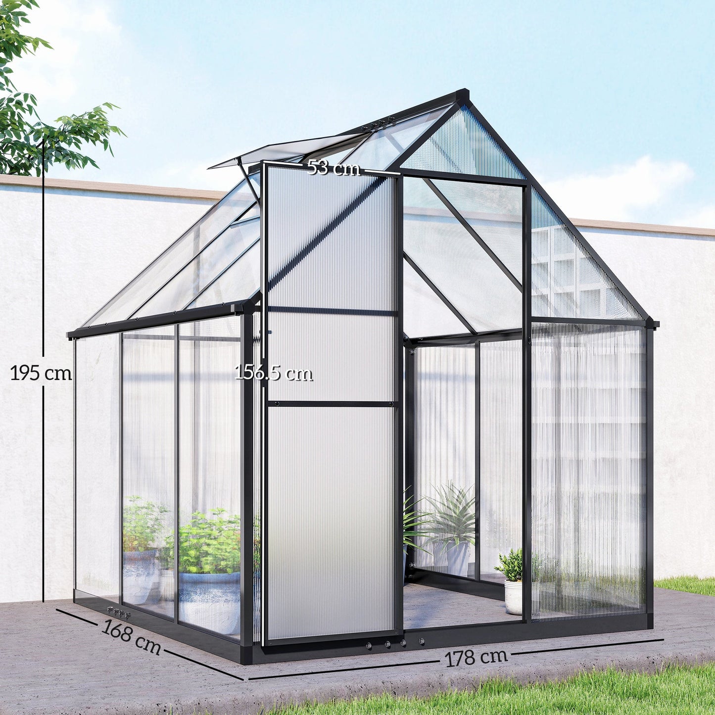 Outsunny Polycarbonate Greenhouse with Swing Door and Adjustable Window, Walk-in Greenhouse with Rain Gutter, 5.5 x 6ft, Black