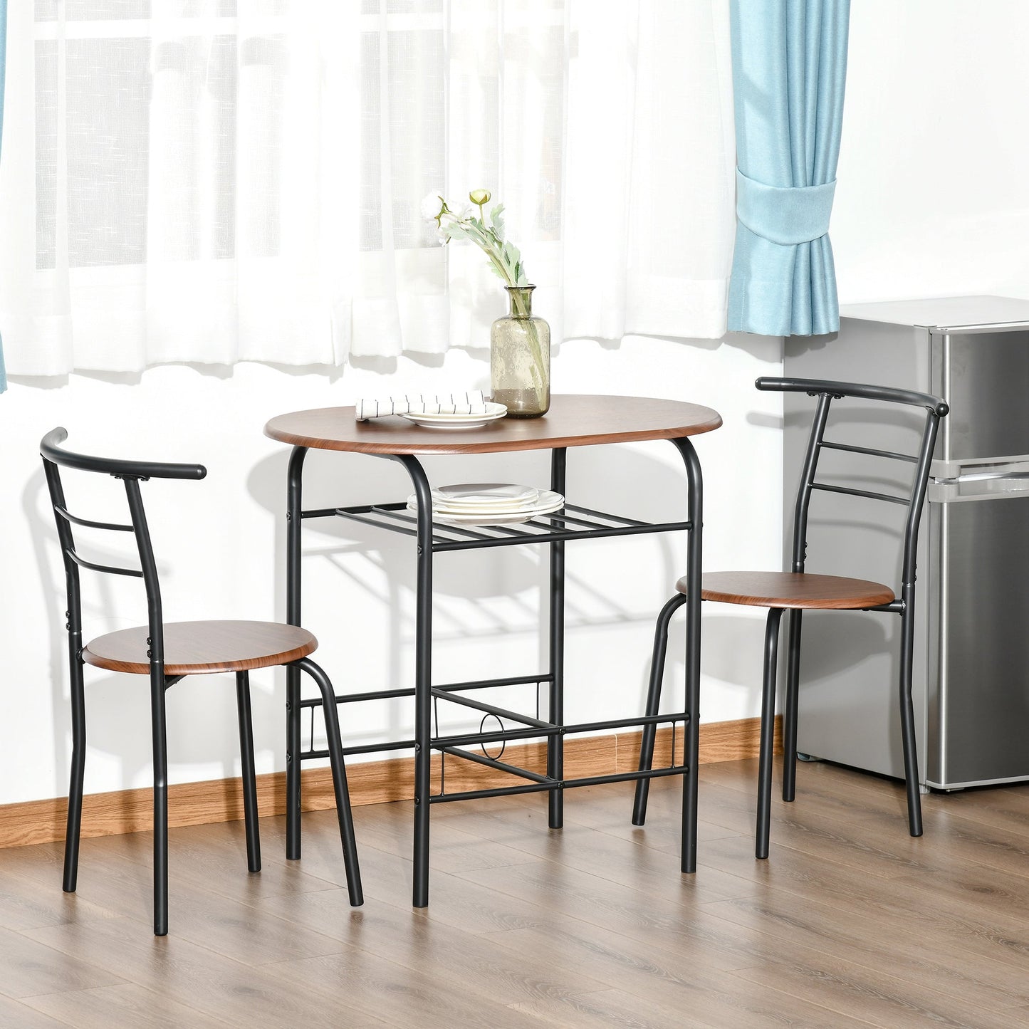 HOMCOM 3-Piece Dining Table Set , Metal Frame Wood Top Breakfast Bar Table Set for 2, Dining Table w/Storage Shelf & 2 chairs