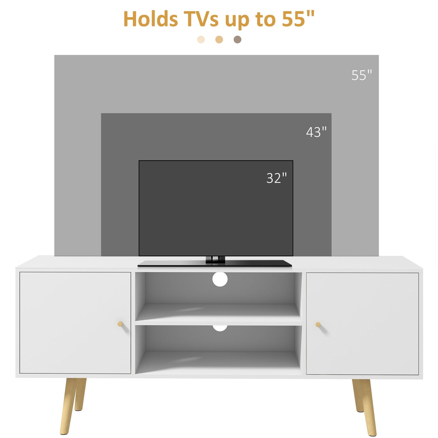 HOMCOM TV Stand Cabinet up to 55 Inches, TV Unit with Storage Shelves and Wood Legs for Living Room, Bedroom, White