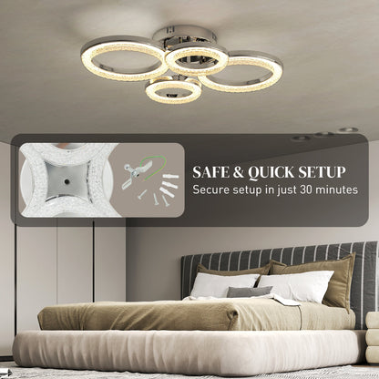HOMCOM LED Ceiling Light, Modern Dimmable 4 Rings Ceiling Lamp with Wall Switch, 40W 4350lm Flush Mount Ceiling Light with 3500K/4500K/6000K Colour Temperatures for Living Room, Bedroom, Silver Tone