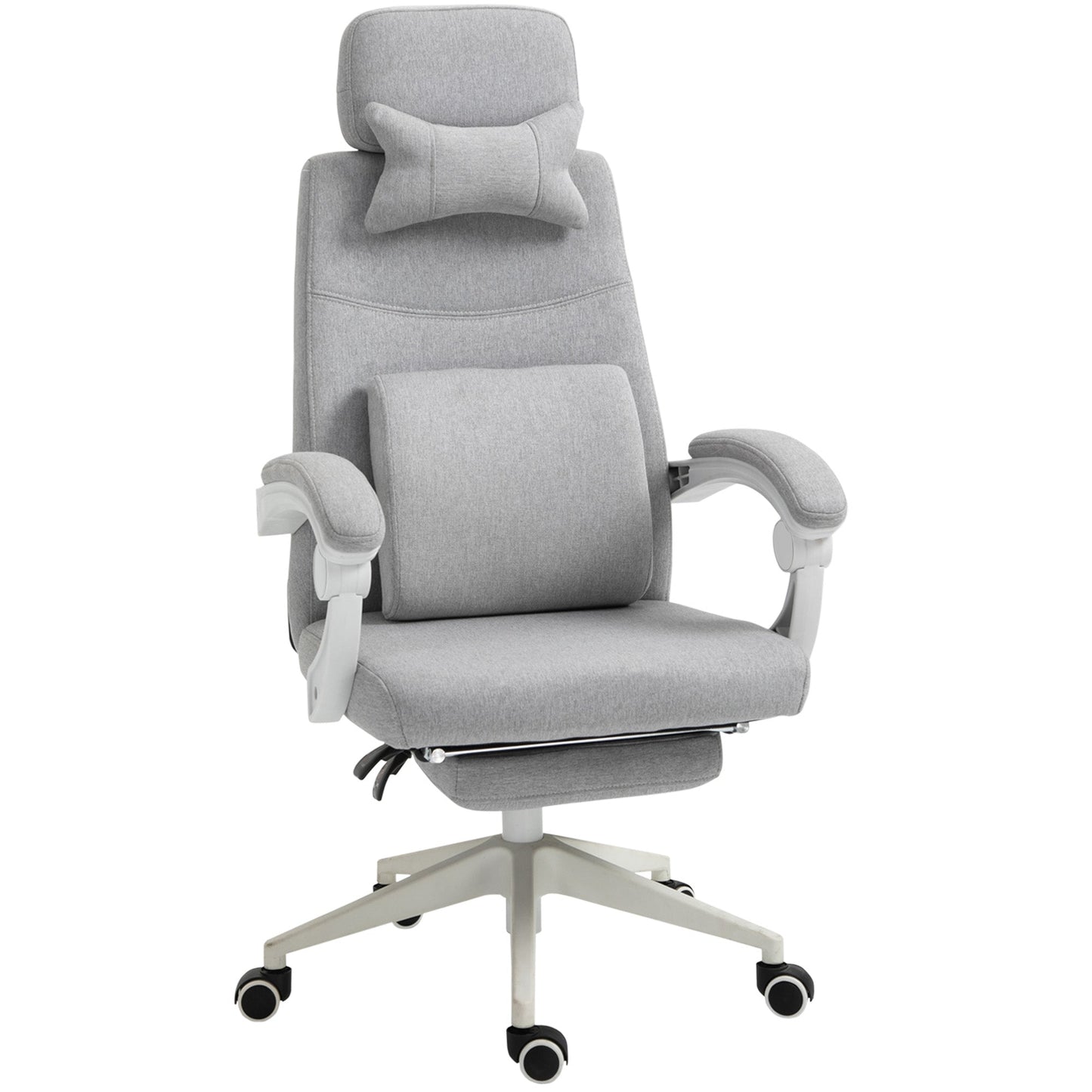 Vinsetto Office Chair, Ergonomic Desk Chair, High Back Fabric Work Chair with 160\'c2\'b0 Reclining Backrest, Retractable Footrest, Neck and Lumbar Pillow for Home and Study, Grey