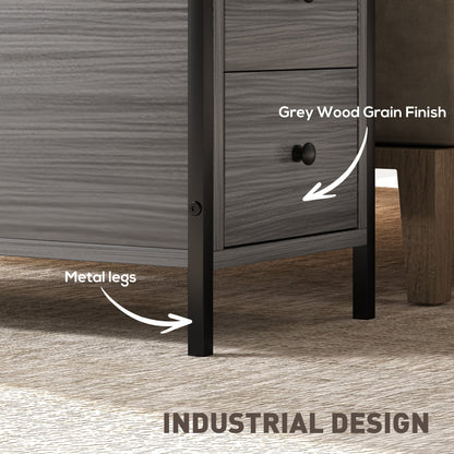HOMCOM Side Table, Narrow Bedside Table with 2 Drawers and Storage Shelf, Industrial End Table with Metal Frame for Small Spaces, Grey Wood Grain