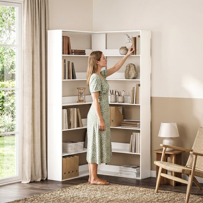 HOMCOM 7 Tiers Bookshelf, L-Shaped Corner Bookcase with Anti-Slip Rear Guard, White Wood Effect