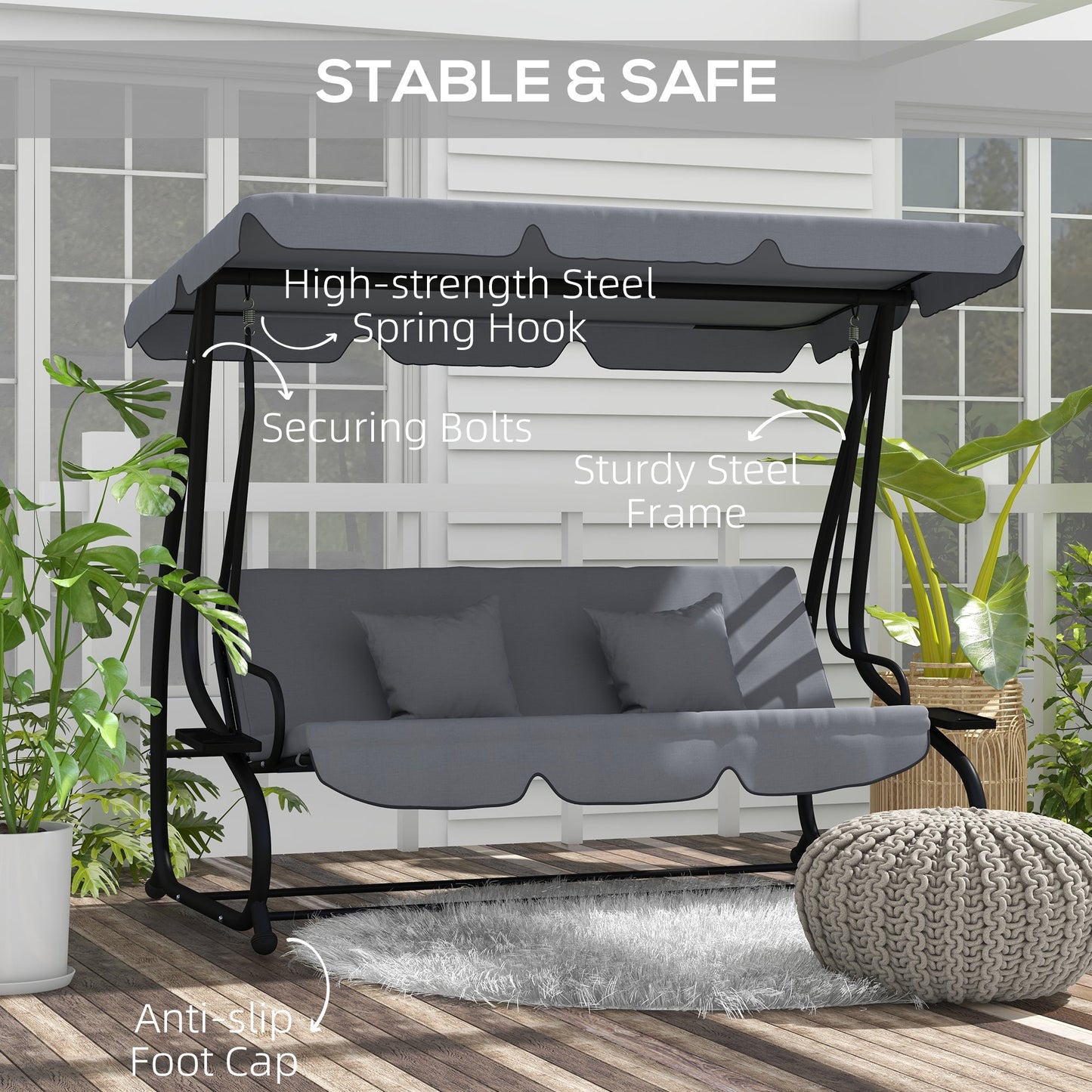 Outsunny Three-Person garden Swing Chair, with Adjustable Canopy - Light Brown