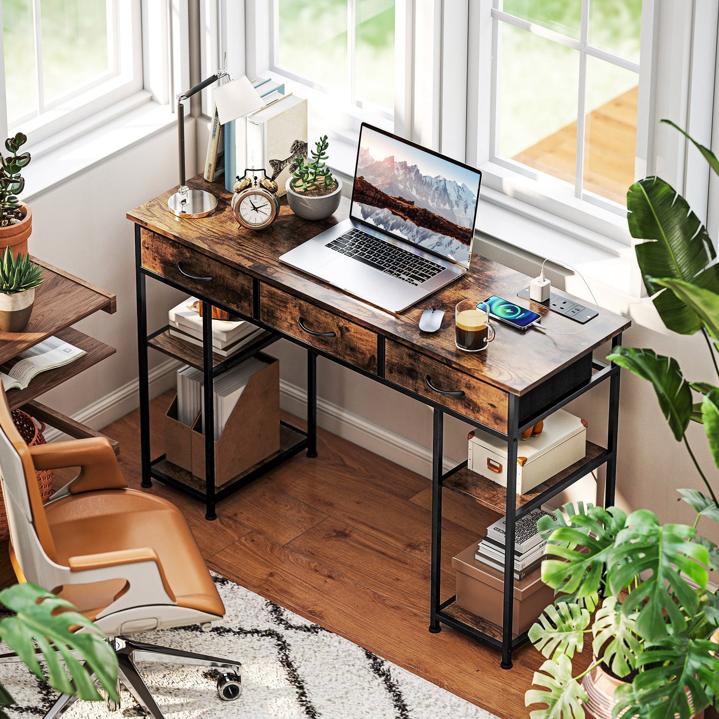 HOMCOM 120cm Computer Desk with Power Outlets, Office Desk Study Table with Fabric Drawers and Storage Shelves, Rustic Brown
