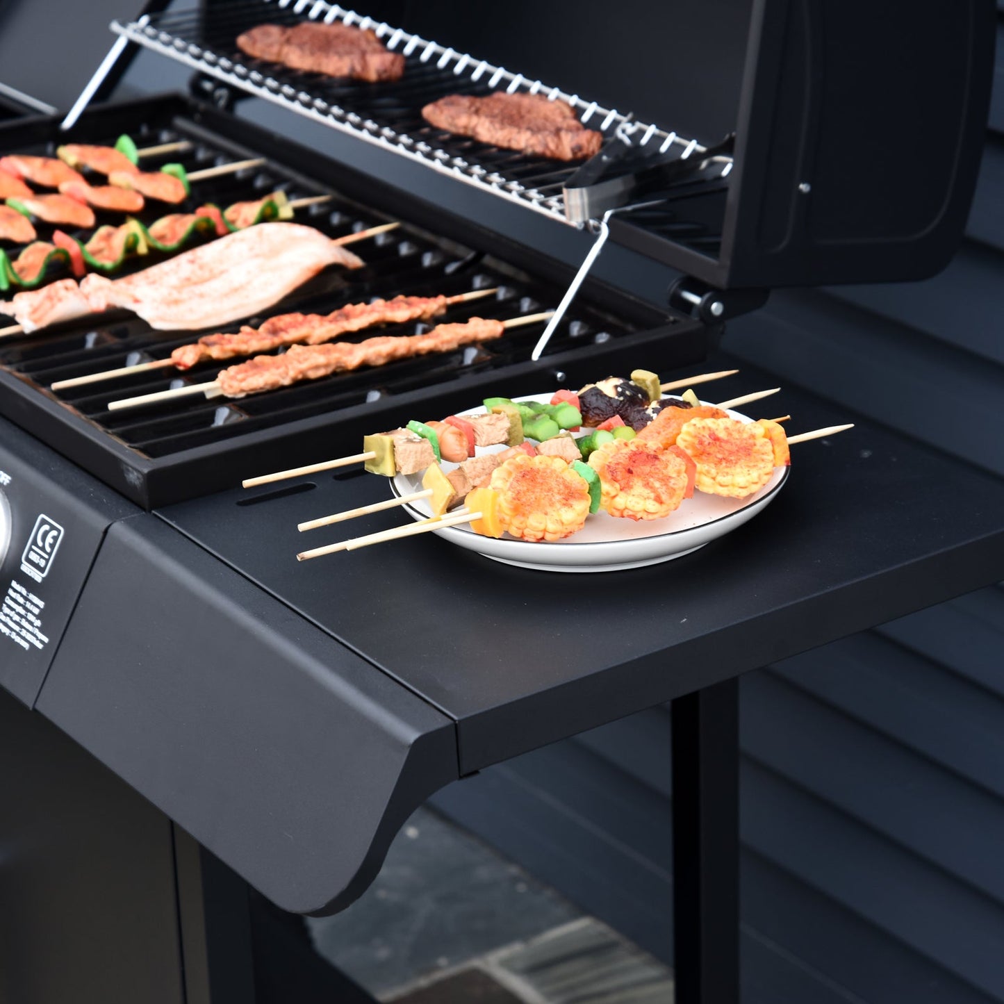 Outsunny 4+1 Burner Gas BBQ Grill, Outdoor Barbecue Trolley with Wheels, Warming Rack, Side Shelves, Cabinet, Thermometer for Garden, Party, Camping, 125 L x 51 W x 100 H cm, Black