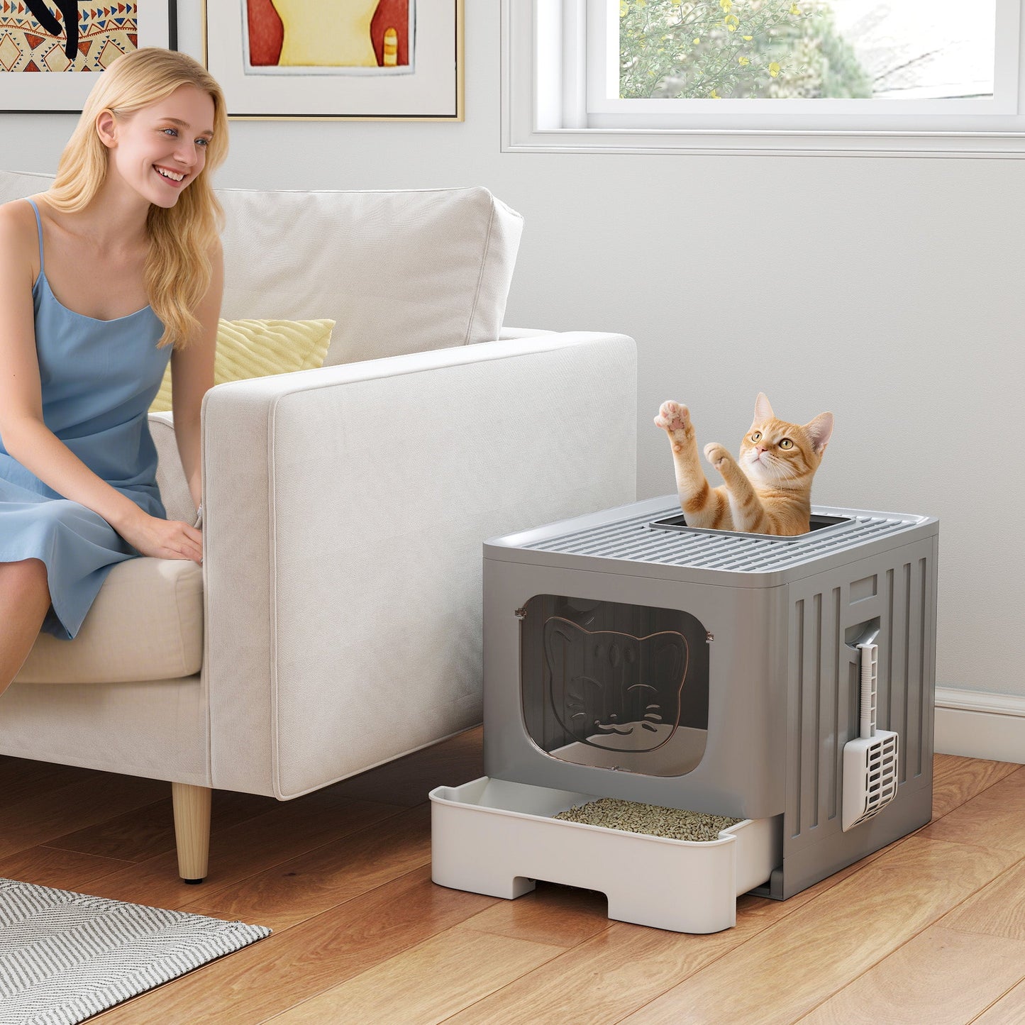 PawHut Cat Litter Box with Lid, Slide-Out Drawer, Scoop, Easy Clean, Odour Control, Anti-Splashing, Grey