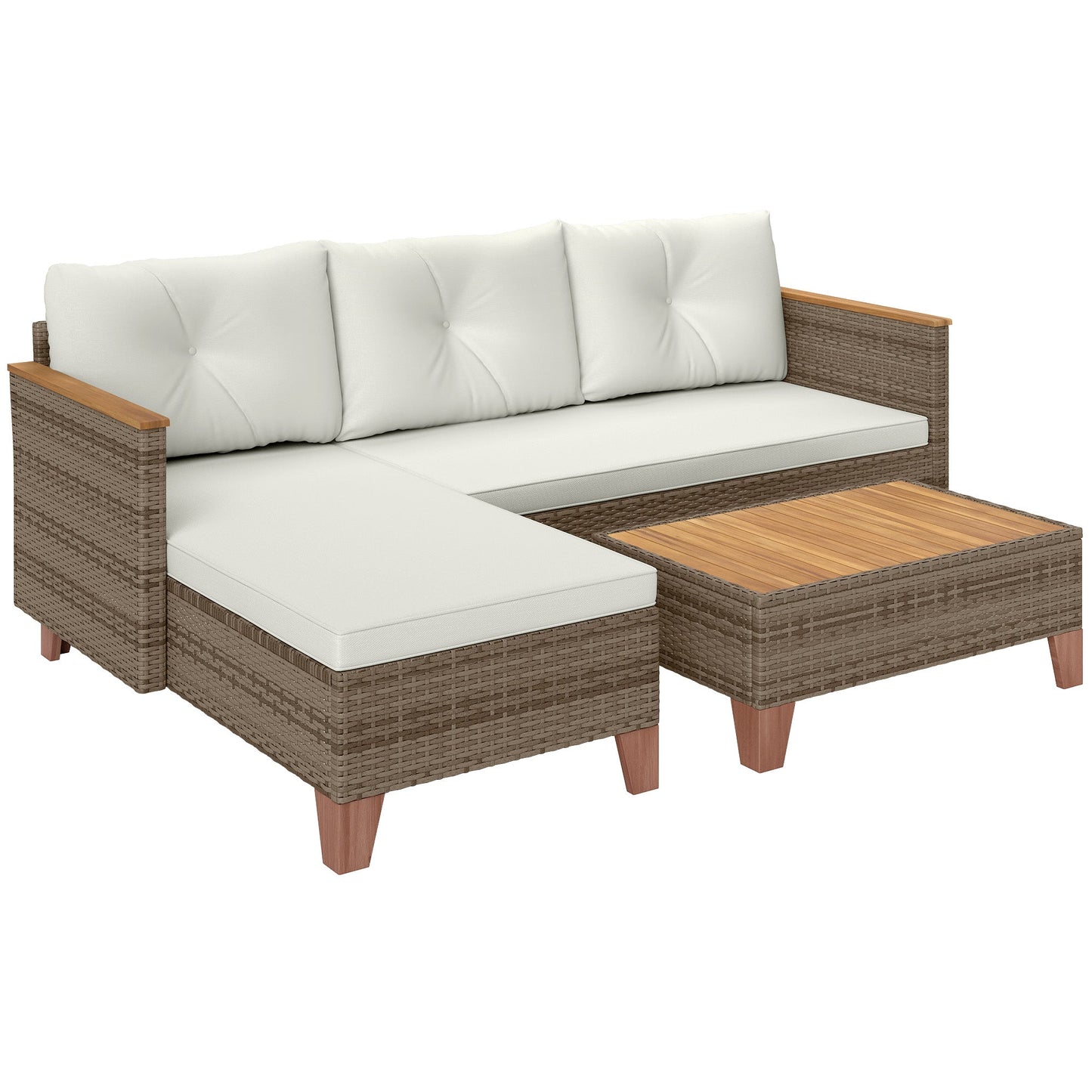 Outsunny 3 Pieces Rattan Garden Furniture Set, L Shaped Garden Conversation Chaise Lounge Furniture with Wood Top Coffee Table and Thick Cushions, Cream