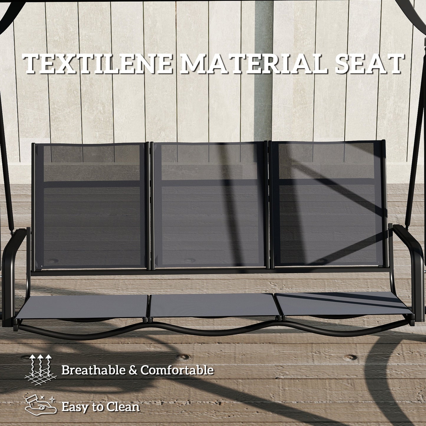 Outsunny 3 Seater Swing Chair, Garden Swing Bench with Adjustable Tilting Canopy, Breathable Mesh Seat 360 kg Capacity, Grey