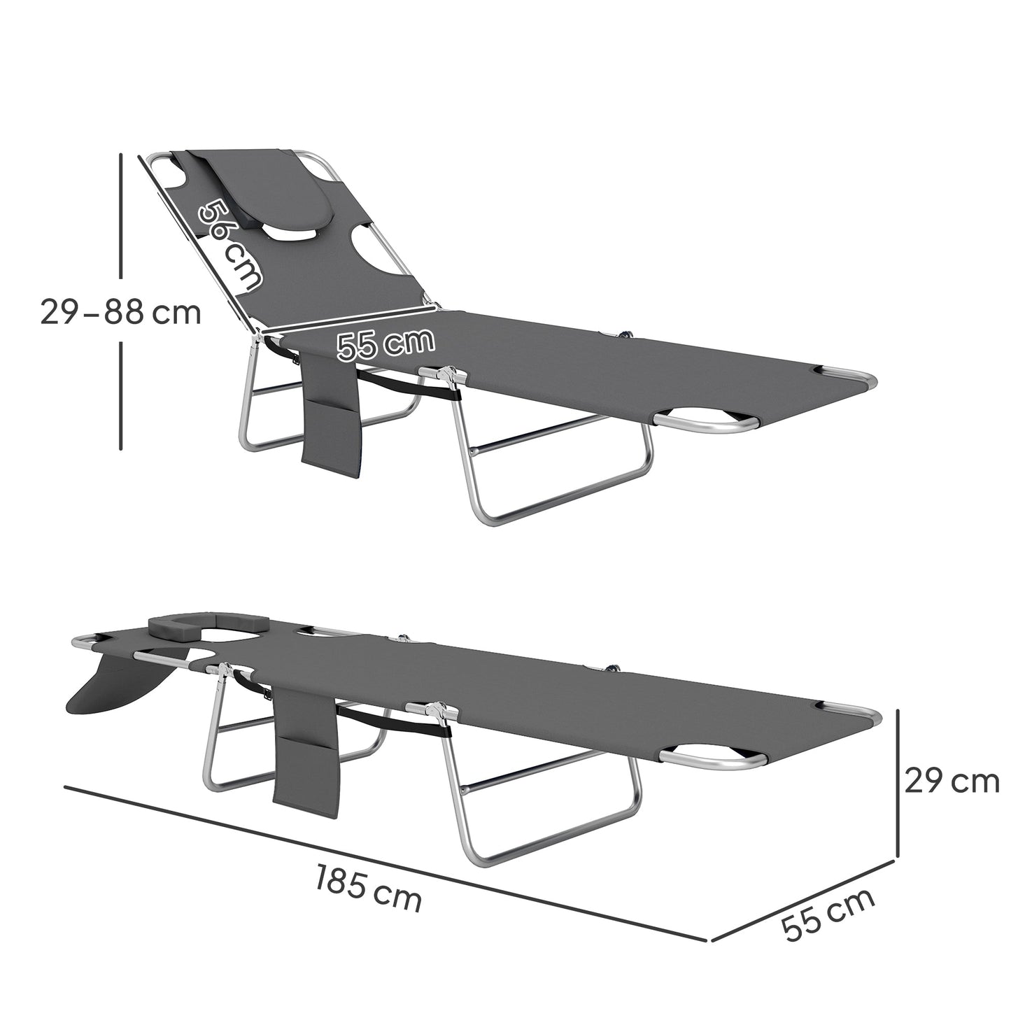 Outsunny Foldable Sun Lounger Set of 2, Beach Chaise Lounge with Reading Hole, Arm Slots, 5-Position Adjustable Backrest, Side Pocket, Pillow for Garden, Beach, Pool, Dark Grey