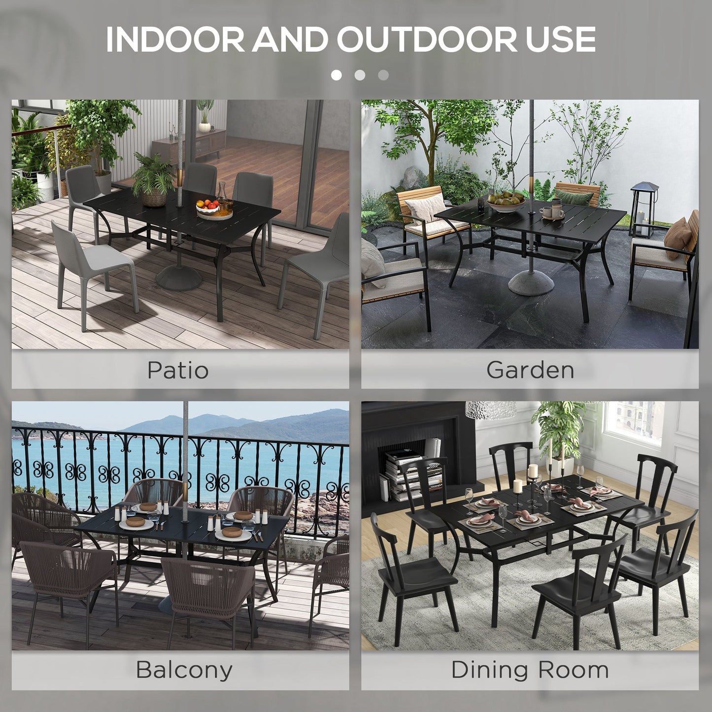 Outsunny Rectangle Garden Dining Table with Parasol Hole, Patio Table with Steel Frame and Slat Tabletop, 150cm x 90cm, Black