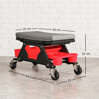 HOMCOM Rolling Mechanic Stool, 135kg Capacity Workshop Stool, 360° Swivel Roller Padded Creeper Seat with Wheels, Slide Out Tool Trays and Drawer for Garage, Shop, Auto Repair, Black
