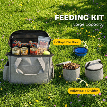 PawHut Dog Travel Bag, Waterproof Walking Bag with Multiple Pockets, Two Food Containers and Collapsible Bowl for Cat Puppy