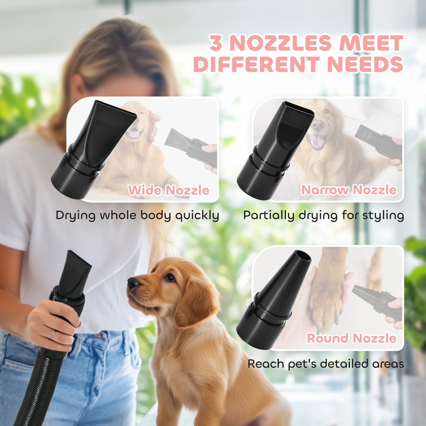 PawHut 2200W Dog Hair Dryer with Adjustable Temperature & Velocity, 3 Different Nozzles, Pink
