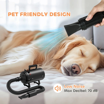 PawHut 2200W Dog Hair Dryer with Adjustable Temperature & Velocity, 3 Different Nozzles, Black