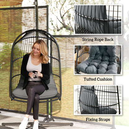 Outsunny Hanging Egg Chair, Foldable Rattan Garden Swing Chair with Installation Kit, Thickened Cushion and Headrest, Indoor Outdoor Hanging Egg Basket Seat for Patio, Porch, Dark Grey