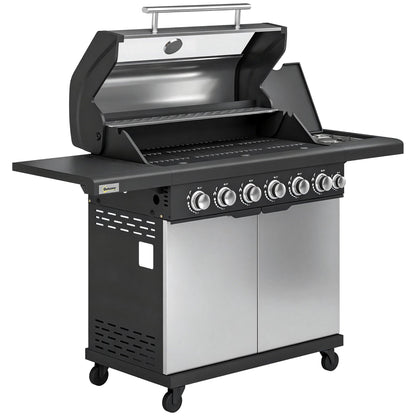 Outsunny 6+1 Burner Gas BBQ Grill, Outdoor Barbecue Trolley with Wheels, Warming Rack, Thermometer, Bottle Opener, Silver Tone