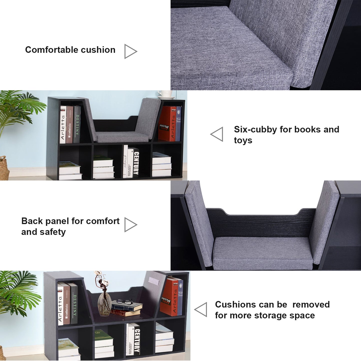 HOMCOM Bookcase Storage Shelf with Cushioned Reading Seat, Cube Bookshelf Organizer for Bedroom Living Room, Black