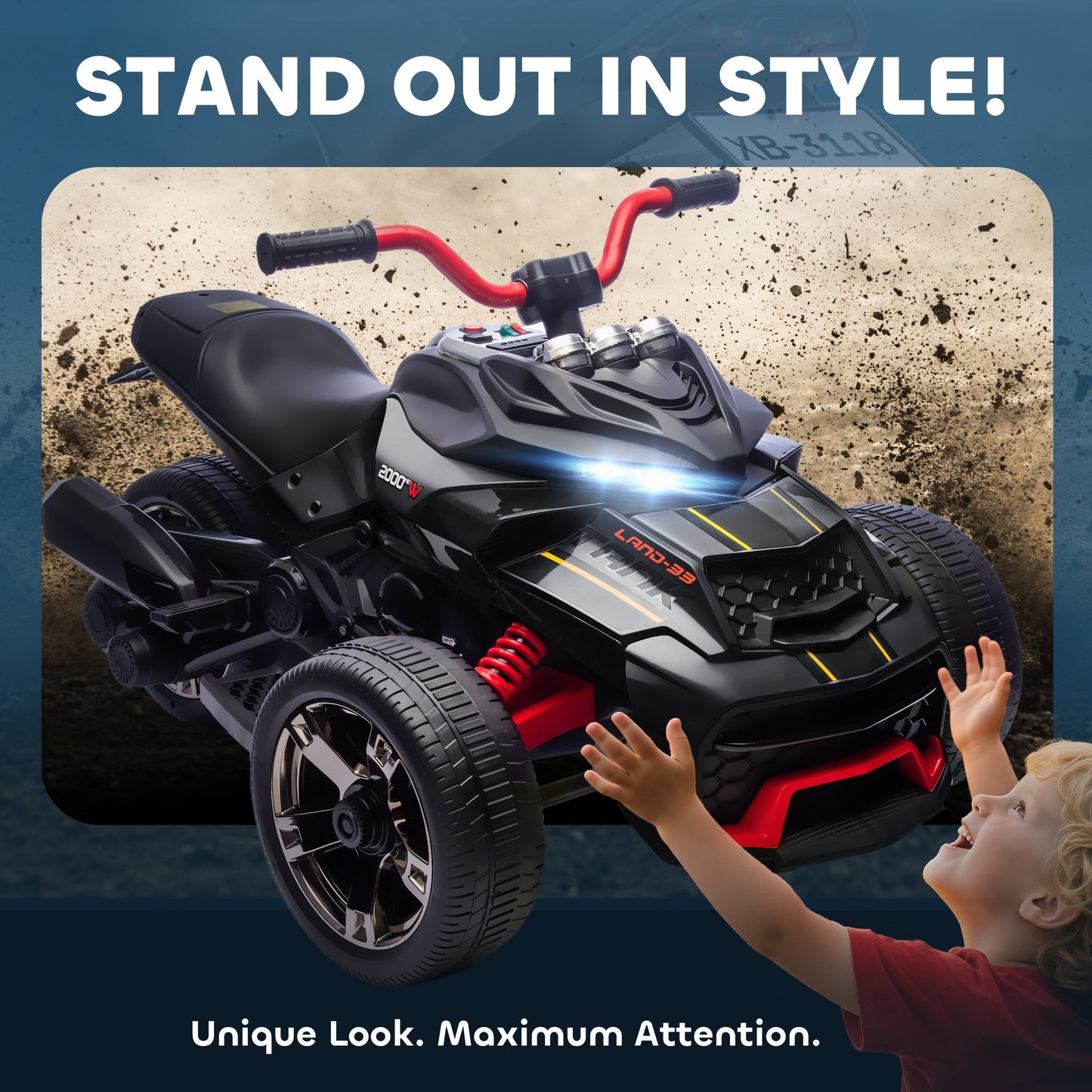 AIYAPLAY 12V Kids Electric Ride On Car with 3 Wheeler, MP3 Player, Horn, 2 Speeds, LED Lights for Boys & Girls Ages 3-8, Black