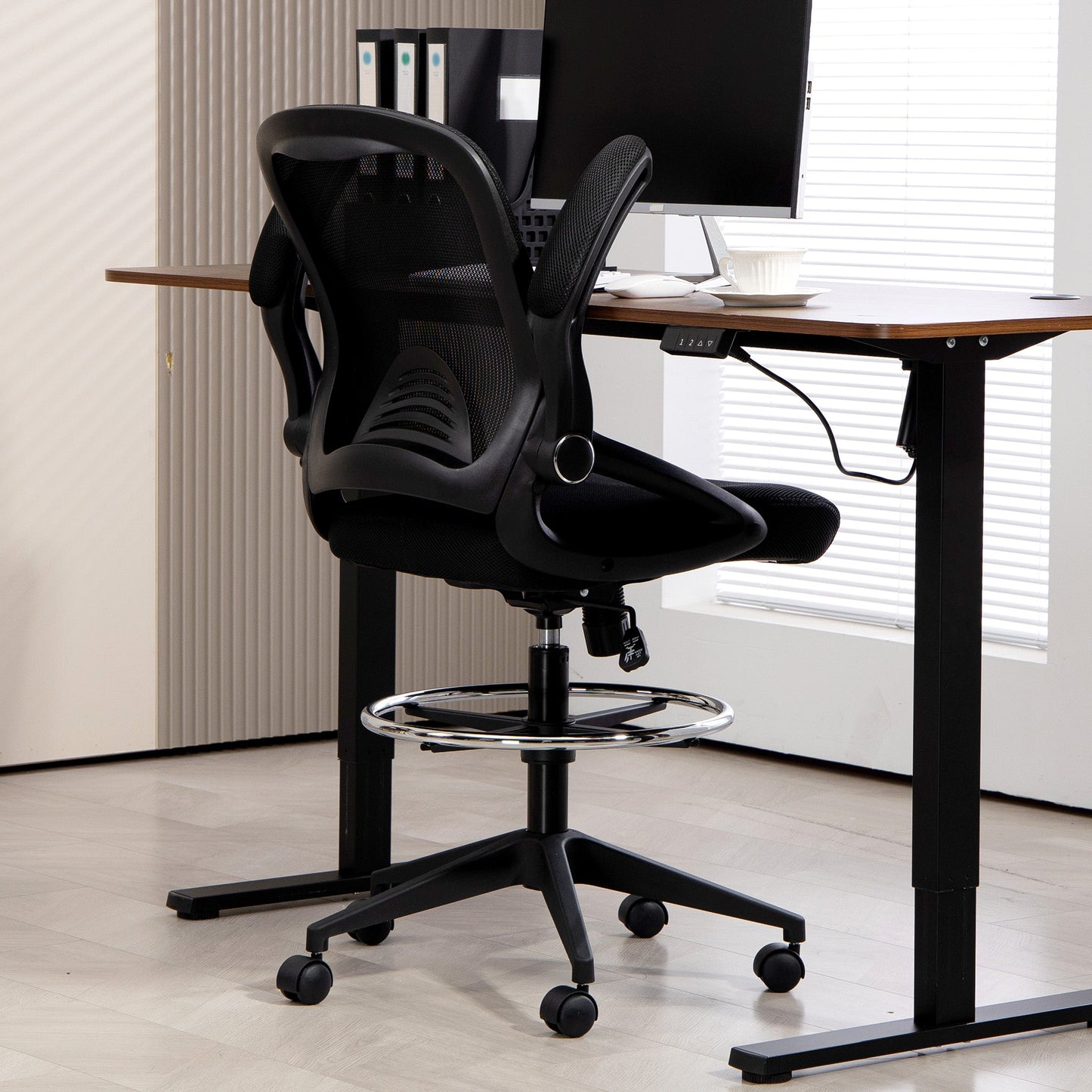 Vinsetto Drafting Chair with Flip-up Armrest, Mesh Office Stool with Foot Ring, 360° Swivel Height Adjustable Chair for Standing Desk, Black