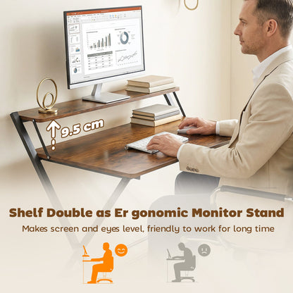 HOMCOM Compact Folding Desk for Small Spaces with Storage Shelf for Home Office, Rustic Brown