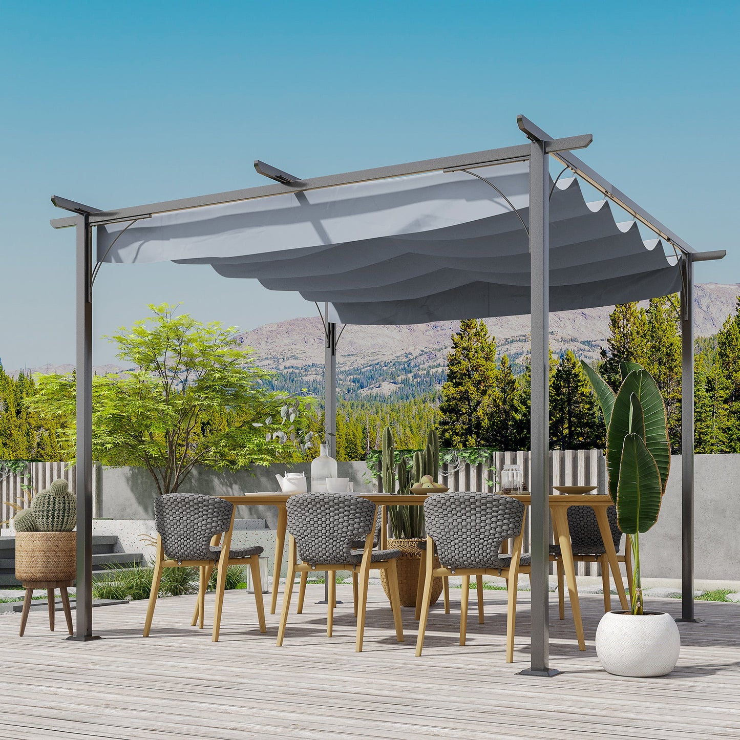Outsunny 3 x 3(m) Metal Pergola with Retractable Roof, Garden Gazebo Metal Pergola Canopy. Outdoor Sun Shade Shelter for Party BBQ, Grey