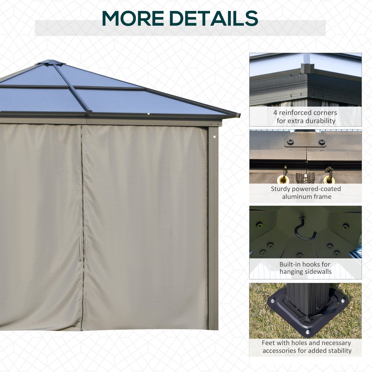 Outsunny 3 x 3(m) Hardtop Gazebo Canopy with Polycarbonate Roof, Aluminium Frame, Permanent Pavilion Garden Gazebo with Netting and Curtains for Patio, Deck, Dark Grey