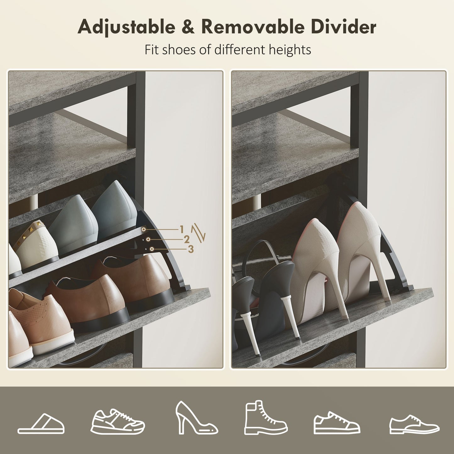 HOMCOM Shoe Storage Cabinet with 4 Flip Drawers and Open Shelf - Cement Grey