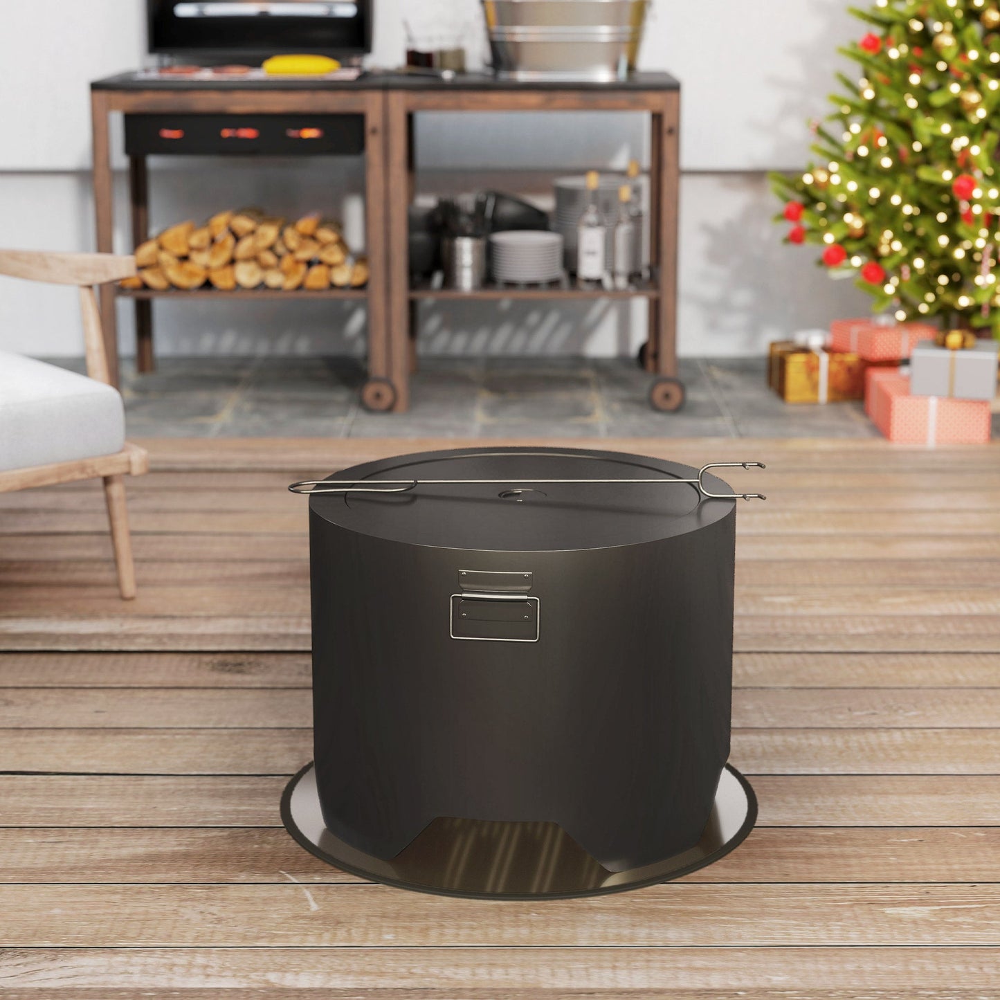 Outsunny Outdoor Round Fire Pit with Lid and Fire Poker - Black
