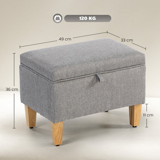 HOMCOM 16L Linen Storage Ottoman Padded Footstool with Rubberwood Legs for Storage Box, Bed End, Shoe Bench, Seating, Light Grey