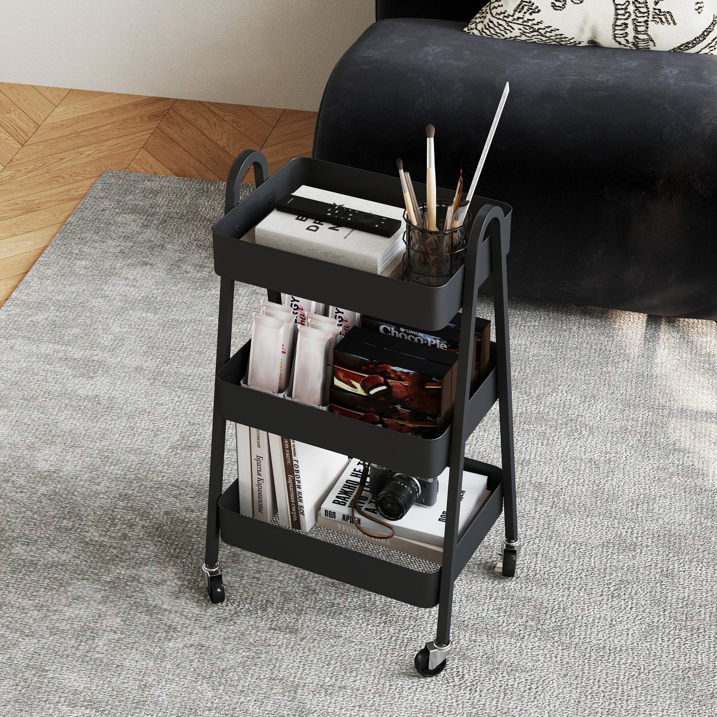 HOMCOM Three-Tier Storage Trolley - Black