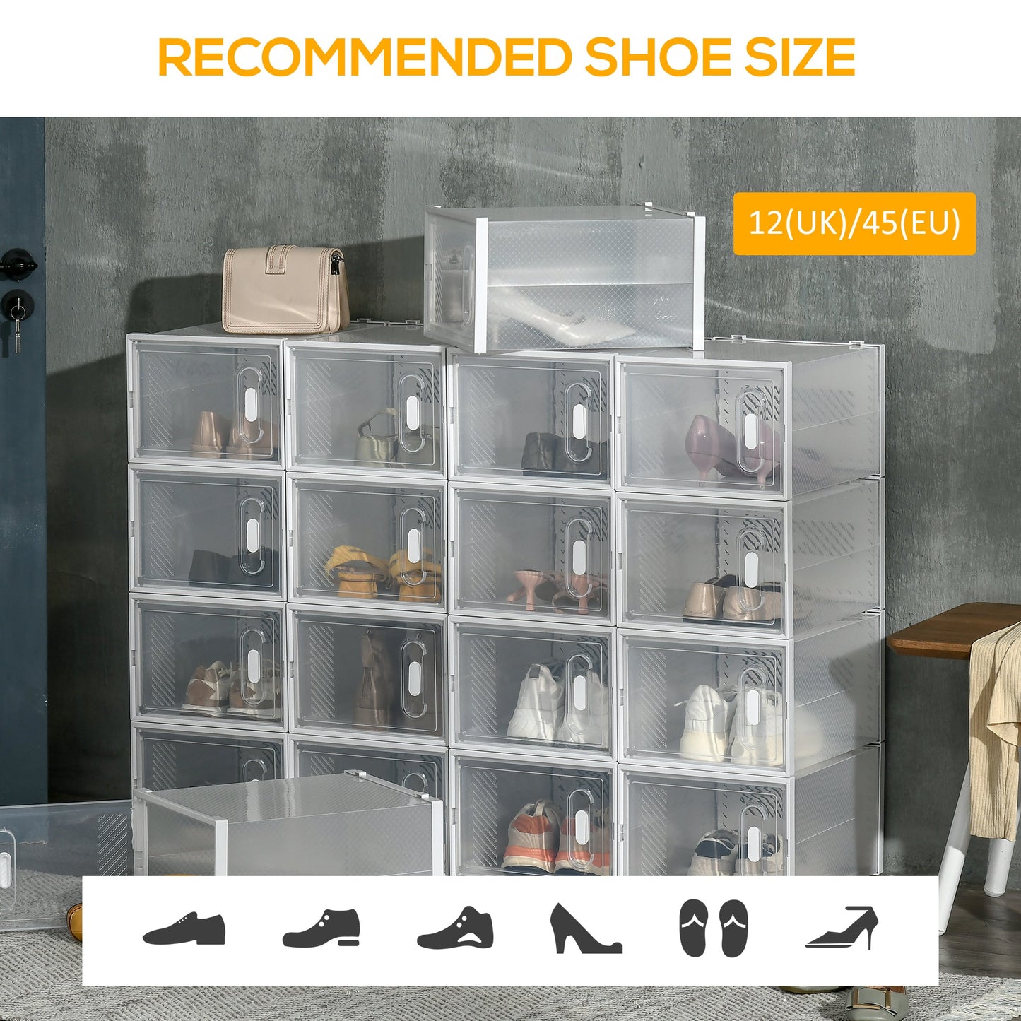 HOMCOM 18PCS Clear Shoe Box, Plastic Stackable Shoe Storage Box for UK/EU Size up to 12/46 with Magnetic Door for Women/Men, 28 x 36 x 21 cm