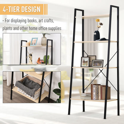 HOMCOM Bookcase 4-Tier Vintage Ladder Shelf with Wood Storage Rack, Stand Plants Display, Black and Natural