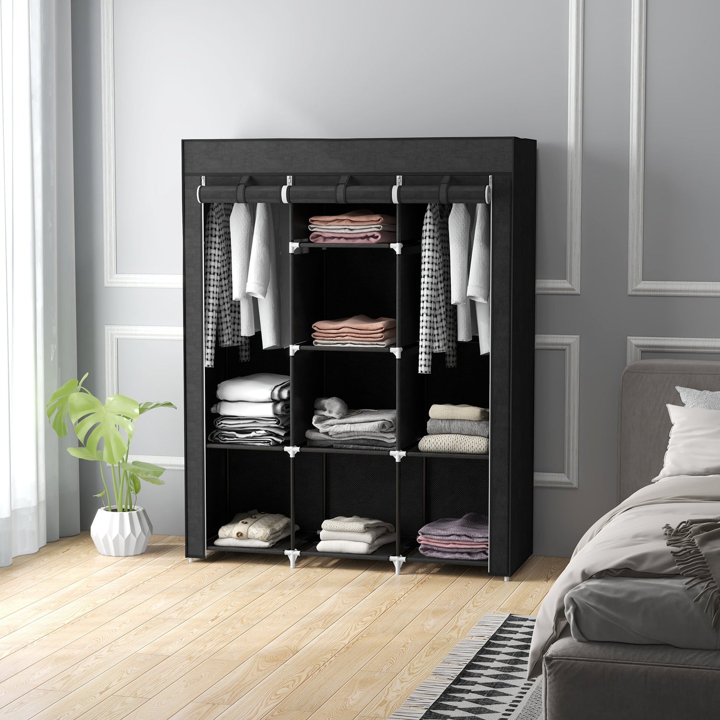 HOMCOM Fabric Wardrobe, Portable Wardrobe, Clothes Storage Unit with 8 Shelves, 2 Hanging Rods, 125 x 43 x 162.5 cm, Black